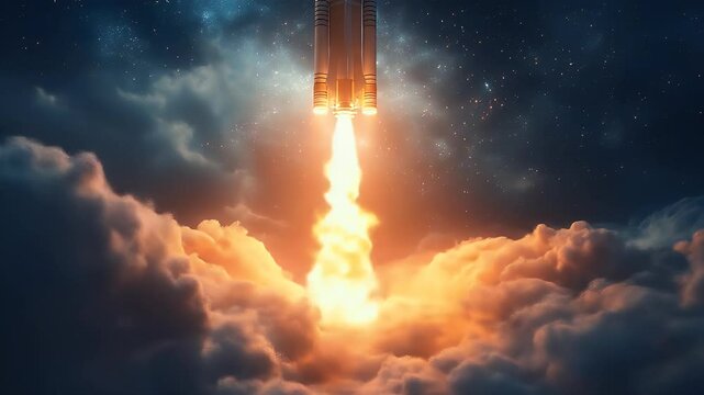 A powerful rocket blasting off through vibrant clouds into the starlit sky