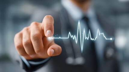 A person in a suit is interacting with a digital heartbeat line, symbolizing health monitoring and medical technology.