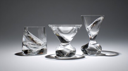 Glassware set on neutral surface reflects studio lighting, for ads and home decor blogs