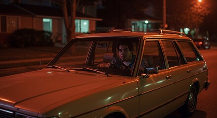 Young man drives vintage station wagon at night, streetlights illuminate the scene creating a nostalgic atmosphere.