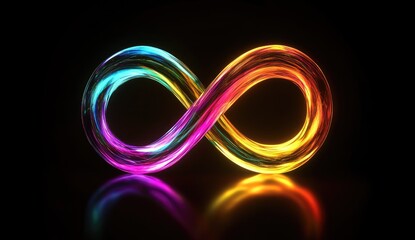 Vibrant, glowing infinity symbol.  Colorful, translucent loops against black background.  Reflecting in dark surface