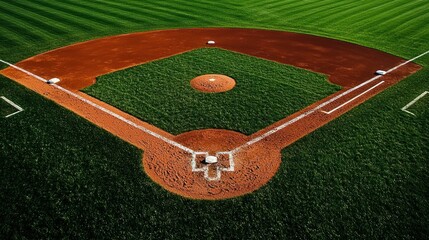 A baseball field with a pitcher's mound, home plate, and bases, surrounded by green grass and a dirt infield.