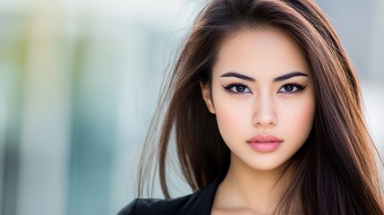 Naklejka premium Confident Young Woman with Long Hair and Bold Makeup in Natural Light