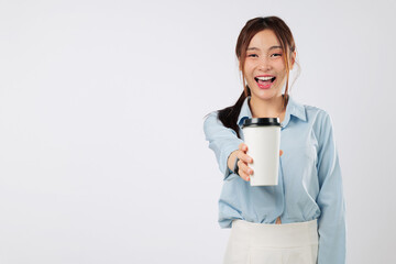 Coffee break portrait of an excited Asian woman holding takeaway coffee cup, showing happy emotion, casual worker relaxes in cafe with mockup paper cup and tea time energy. isolated white background