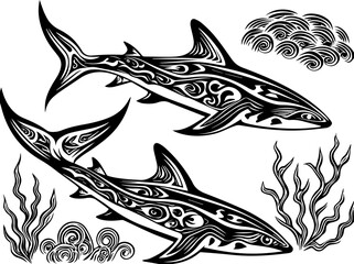 SVG illustrating a marine conservation sanctuary to protect ocean life. Decorative Black and White Shark Illustration with Ocean Elements