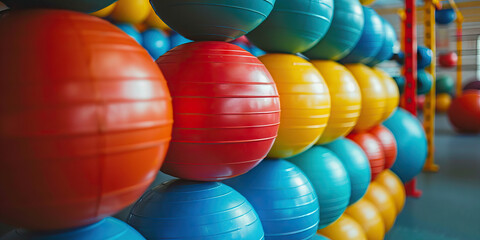 Stacked Exercise Balls in Red, Yellow, and Blue