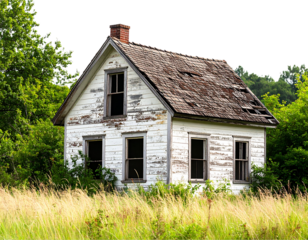 Abandoned House Deep in Rural Countryside with Lush Trees and Overgrown Grass, Isolated PNG