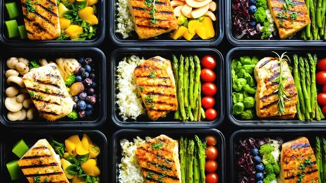 Grilled chicken meal prep with asparagus, rice, cherry tomato, blueberries, fresh vegetable arranged neatly for balanced nutrition and healthy food
