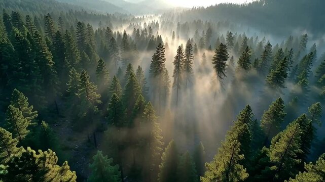 Lush forest covered in rolling mist, camera tilt-down from sky, sunrise golden ambiance