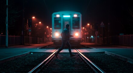 Solitary Figure Walks Night Railway Tracks Past a Passing Train