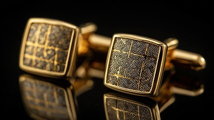 and keyword list based on your image

 Gold Cufflinks with Etched Pattern on Black Background