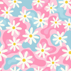 Retro daisy flower seamless pattern with pink and blue abstract background

