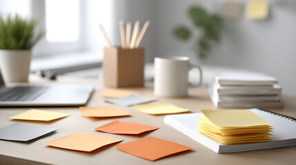 a well-organized workspace, with sticky notes, pens, a mug, and a laptop, demonstrating productivity and planning
