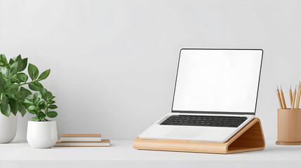 Fototapeta premium a laptop on wooden desk, with a clean, minimalist aesthetic, featuring a blank screen, plants and some pencils