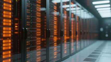 Server Room with Illuminated Racks and Cooling Vents