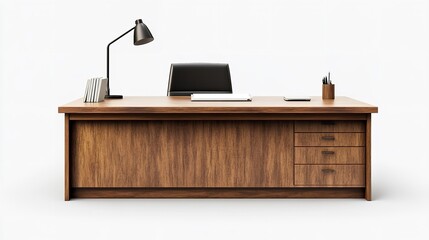 Modern wooden office desk with chair and lamp for home office furniture and workspace interior design