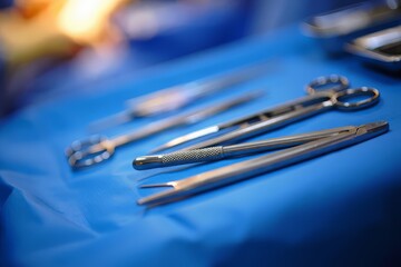 Surgical instruments laid out on a blue draped surface ready for procedure