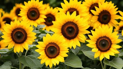 Fototapeta premium A vibrant sunflower field with yellow and orange flowers, green leaves, and a blurred background.