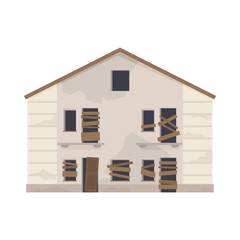 An illustration of a run-down house that is in disrepair, with boarded-up windows and faded walls. This vector image conveys the essence of abandonment and desolation.