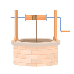 Illustration of an old well with a sturdy wooden structure and pulley system, on a clean white background highlighting its rustic simplicity and charm.