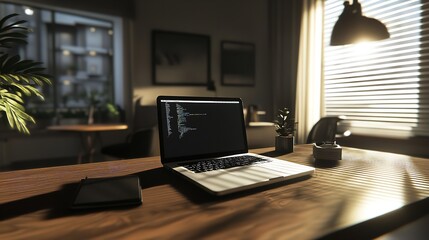 Programming laptop on desk in home office for software development remote work and coding productivity setup