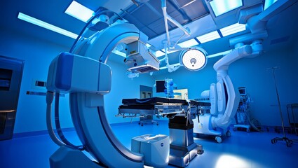 Modern operating room with advanced medical imaging equipment and surgical lights
