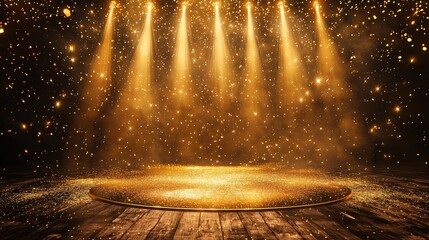 Prestigious golden stage illuminated by luxurious spotlights, featuring falling star particles and dynamic golden light waves.
