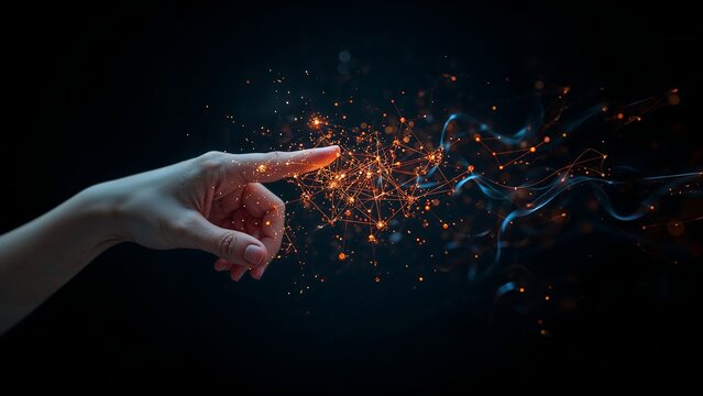 Womans Fingertip Touching Glowing Network Connection, Abstract Technology Concept