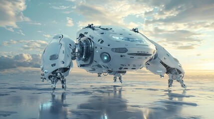A futuristic, white, robotic creature with mechanical arms and legs, standing on a reflective, icy surface with a cloudy sky in the background.