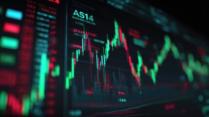 Stock Market Display: An abstract digital display of financial markets, data visualization showing complex trends, rising and falling with color coded bars. Reflecting the fast-paced world of finance.