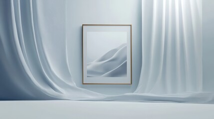 Light-gray drapes and a minimalist framed print.