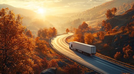 White logistics truck driving on a winding highway through a beautiful autumn landscape, with golden sunlight casting long shadows and realistic lens flare in a wide-angle shot.