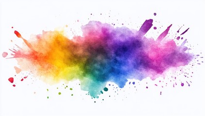 Abstract colorful watercolor splatter on white background.  A vibrant display of rainbow hues in a textured, blobby, and splashy design