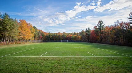 Obraz premium A soccer field with a green grass surface and white lines, surrounded by a forest with autumn foliage, under a clear blue sky with white clouds.