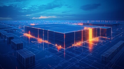 Minimalist industrial warehouse at sunset with clean geometric structure, soft reflections, low poly wireframe on metal panels.