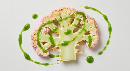 Artistic Pink Cauliflower Slice with Green Sauce Drizzle on White Background
