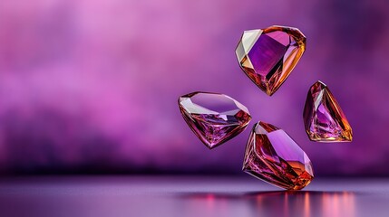 Floating Heart-Shaped Gems with Purple Background for Design Use