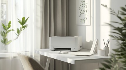 White printer on desk in minimalist office setting for home or business printing solution and decor ideas