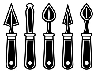 Collection of five black and white stylized carving tools or chisels on a white background