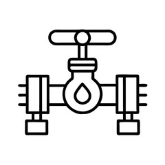 Water and pipe icon. Flow control tap with drop symbol. Urban water supply concept. Black and white outline vector illustration.