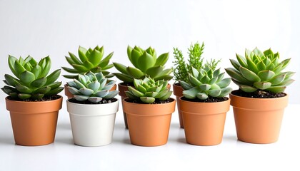 Obraz premium Group of potted succulents on white background Interior design with gardening.