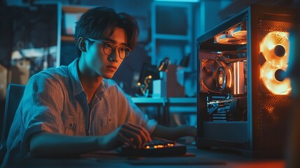 Man building custom gaming pc computer with rgb components for esports and streaming setup at home desk
