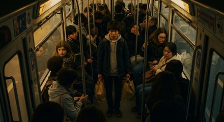 Commuters huddle together on a dimly lit public transport vehicle, creating a poignant scene of urban life.