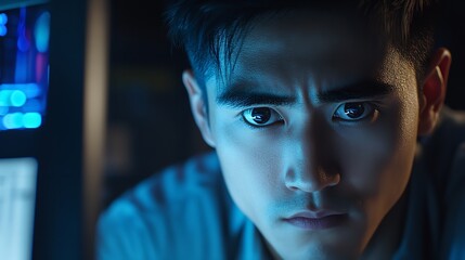 Close up portrait of asian man staring intently at computer screen in dark blue light at night time 100c