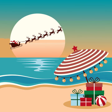 Santa beach vector with presents, jolly saint nick flying over a beach & striped umbrella. Ideal for holidaythemed designs.