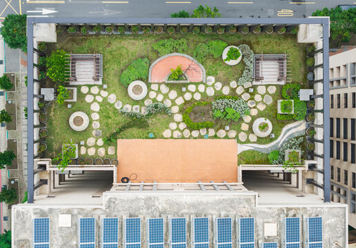 Rooftop Garden with Solar Panels Aerial View