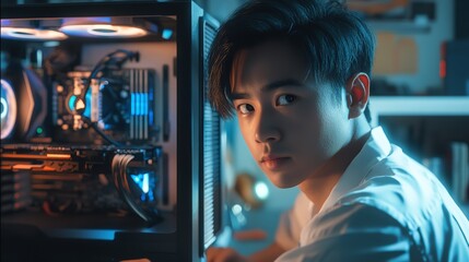Young man building gaming pc computer with rgb components for esports and streaming setup at home desk