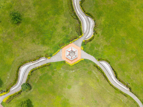 Aerial View Octagonal Park Structure Winding Paths