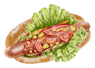 Watercolor illustration of big hot dog with sausage and fresh vegetables. Fast food hand-drawn realistic illustration for designing restaurant menus, recipes, food blogs, articles about nutrition