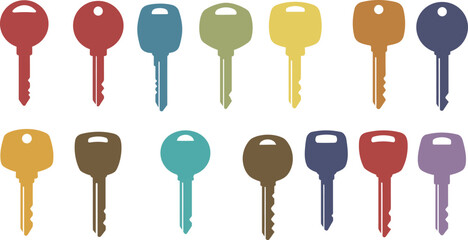 Diverse Car Keys and Key Fobs: Colorful Traditional and Modern Vehicle Remote Entry System Silhouettes for Automotive Concepts.